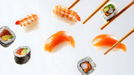 Flying pieces of sushi with wooden chopsticks, separated on white background. 