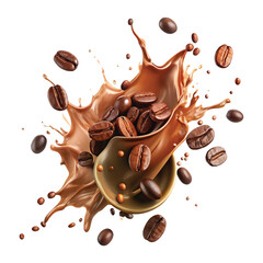 Coffee beans with chocolate and milk splashes png background