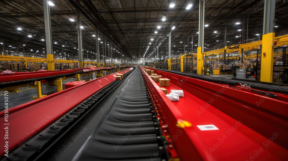 Aufkleber automated sorting system in warehouse with packages moving along conveyor belts, showcasing efficien