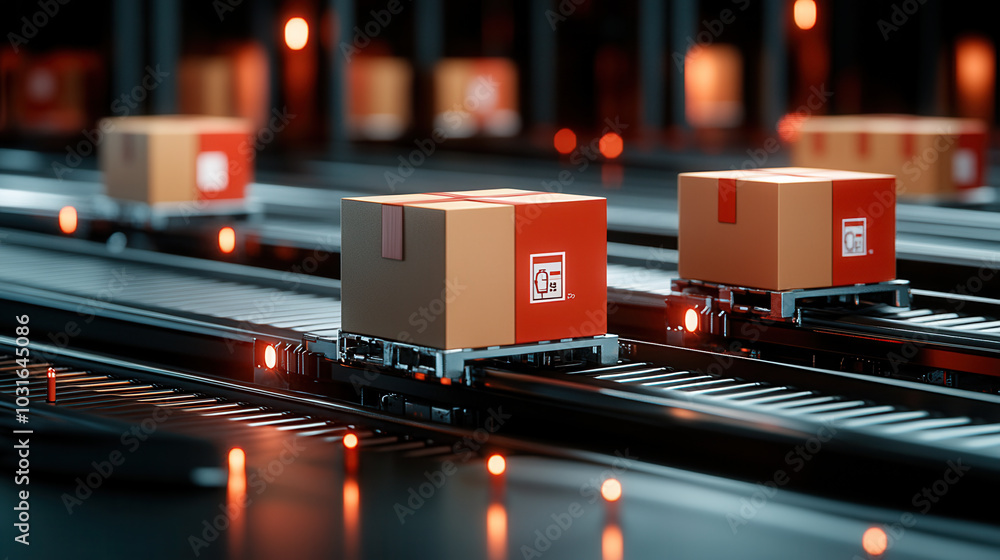 Poster automated system with glowing conveyor belts sorting packages efficiently. scene showcases modern lo