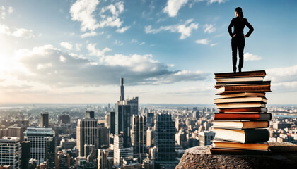 Woman Standing with Stack of Books Overlooking Cityscape