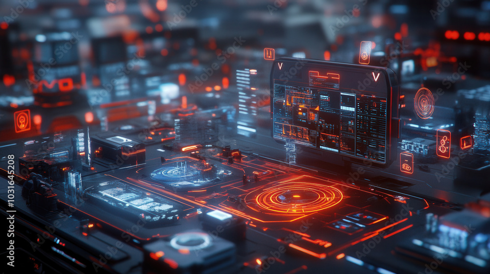 Poster futuristic control panel with glowing interfaces and data displays, showcasing advanced technology a