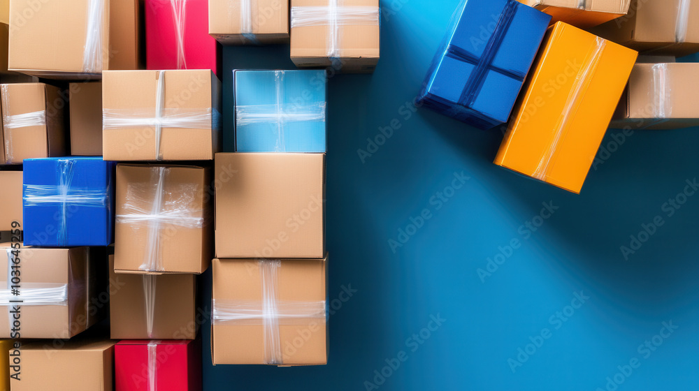Poster packed boxes in various colors are arranged on vibrant blue surface, creating visually appealing sce