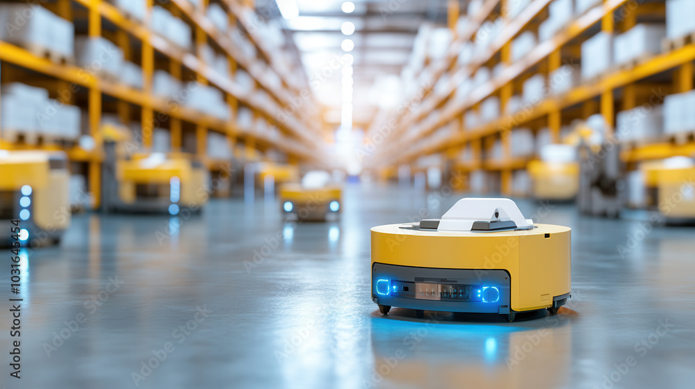 Poster automated robots in bright warehouse interior with skylights, showcasing advanced technology and eff