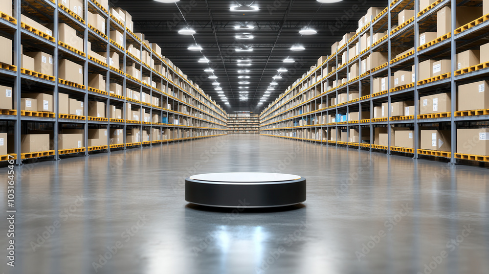 Poster sleek robotic vacuum is positioned in bright warehouse interior, surrounded by neatly stacked boxes 