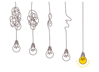 Solution concept of chaos in thoughts with hanging light bulbs with one glowing. Complex problem solving process in hand drawn style. Vector illustration