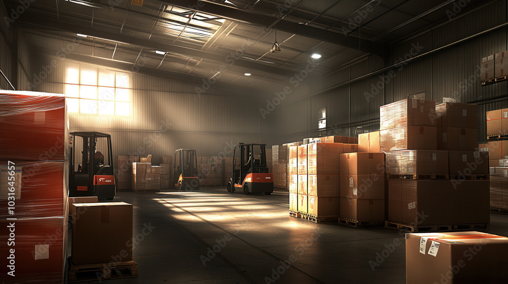 Poster busy warehouse filled with stacked packages and multiple forklifts operating in space. warm light st