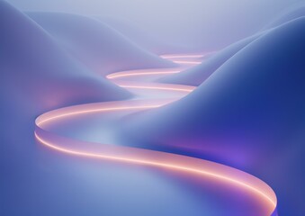 A glowing path winds through a series of abstract hills. AI.