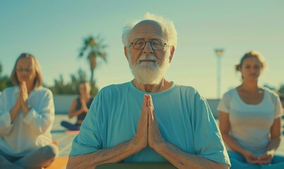 A man meditating in a group yoga class. AI.