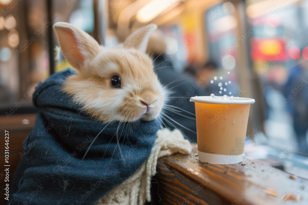 Canvas Prints A bunny wrapped in a scarf looking at a cup of coffee. AI.