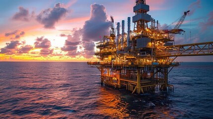 Obraz premium Dramatic Sunset Over Offshore Oil Platform Captivating Natural Beauty and Industrial Innovation