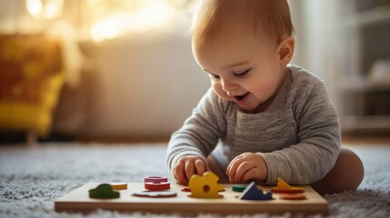 A cheerful baby sitting with a wooden puzzle board, carefully placing shapes into their correct slots