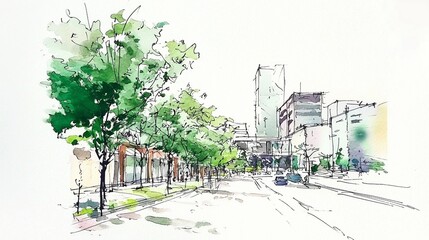 Urban street with trees symbolizes eco-friendly city planning. Urban Sustainability.