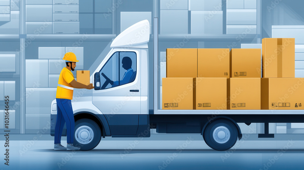 Poster efficient employee loading boxes into delivery truck for last mile logistics. scene captures teamwor