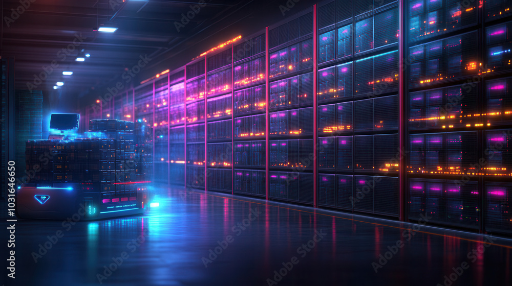 Poster futuristic data center with vibrant neon lights illuminating rows of servers. scene showcases advanc
