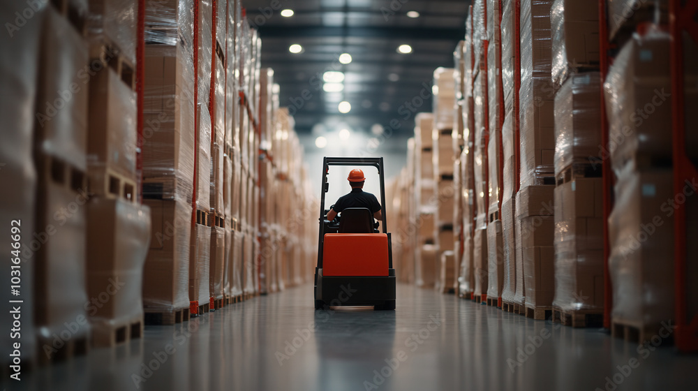 Poster efficient forklift operation in large warehouse, showcasing worker maneuvering between stacked crate