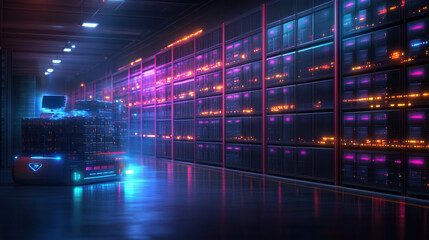 Obraz premium futuristic data center with vibrant neon lights illuminating rows of servers. scene showcases advanced technology and sleek robotic cart, creating high tech atmosphere