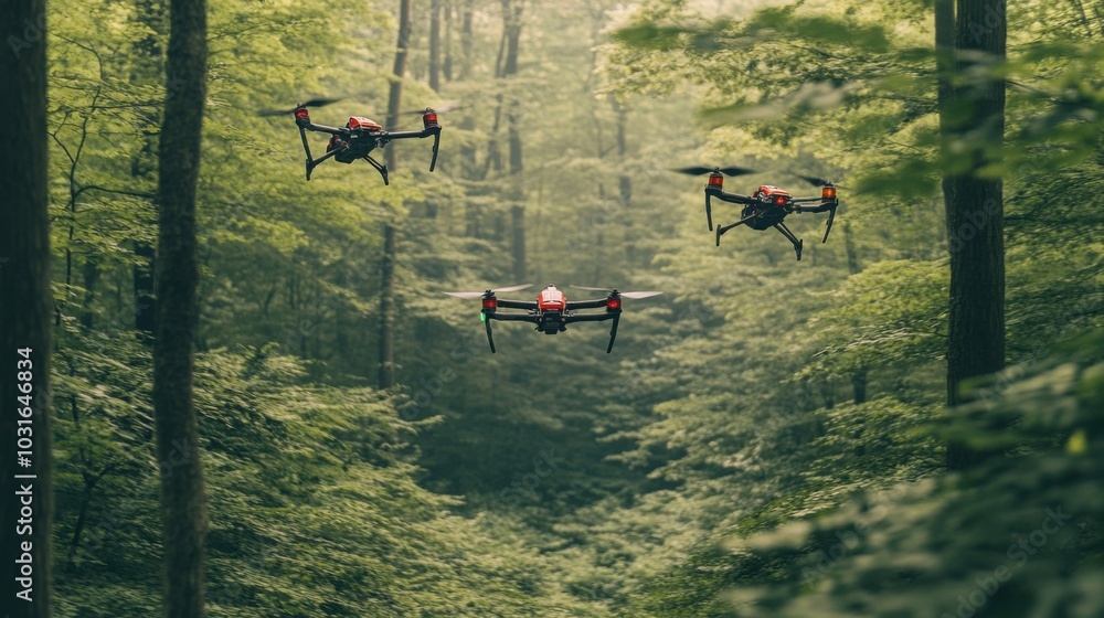 Poster a competitive drone race taking place in a forest, with drones weaving between trees and navigating 