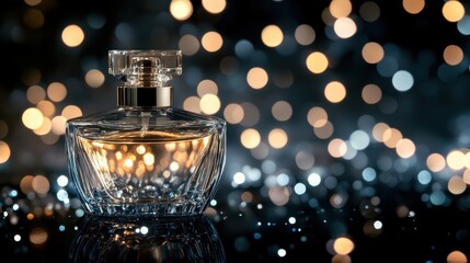 Elegant perfume bottle with sparkling bokeh background