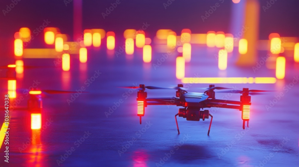 Poster a fast-paced drone competition where drones navigate through a challenging obstacle course with neon