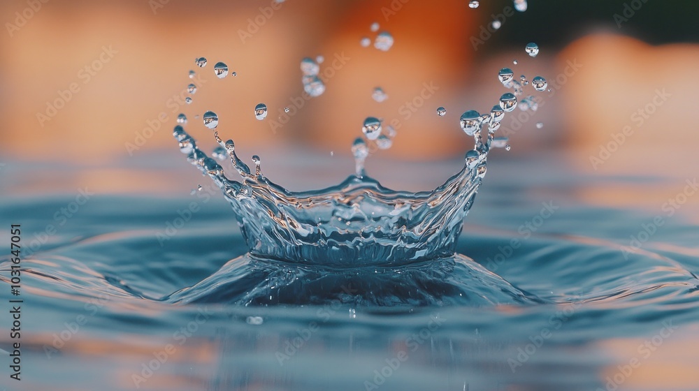 Poster closeup of a water drop impacting the surface of water, creating a crown-shaped splash with ripples 