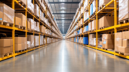 Modern distribution warehouse with organized shelves and conveyor belts, showcasing clean and efficient storage environment. spacious aisles highlight systematic arrangement of boxes and pallets,