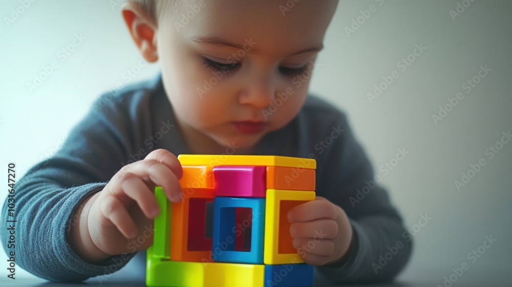 Poster a focused toddler playing with an educational lock-and-key cube, figuring out how to open each side