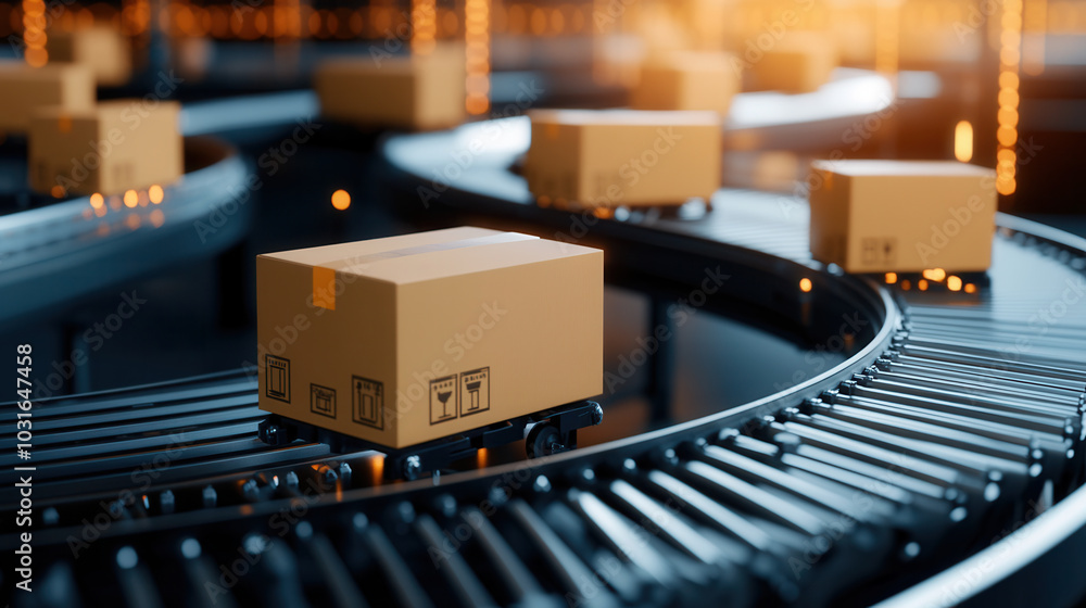 Poster modern warehouse with conveyor belt system transporting packages efficiently. scene captures essence