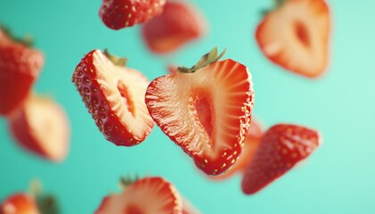 Floating Strawberries on a Blue Background.
