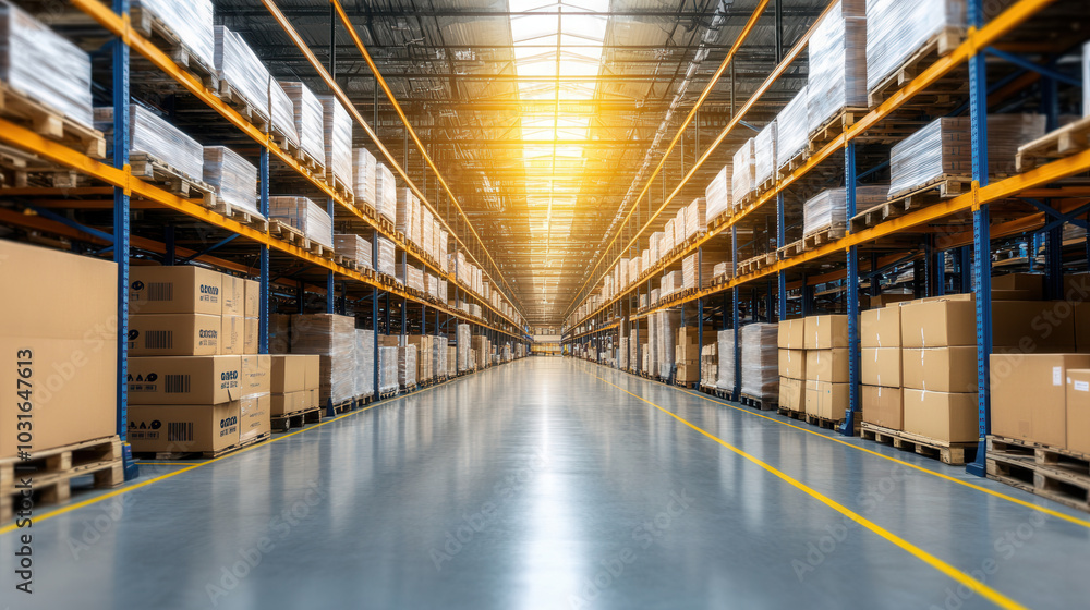 Poster modern warehouse interior with bright skylights illuminating spacious aisles filled with stacked box