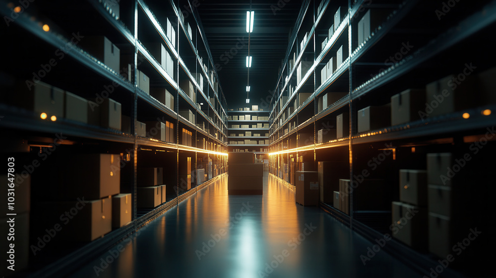 Poster efficiently organized warehouse with shelves filled with boxes, illuminated by warm light. scene con