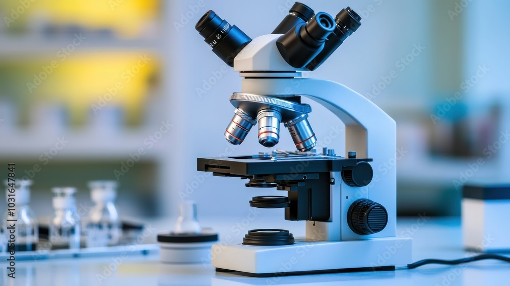 Poster A Close-up of a Modern Light Microscope in a Laboratory Setting