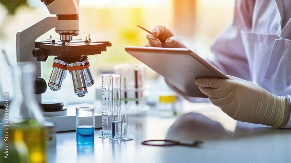 Poster Scientist Using a Microscope and Tablet in a Laboratory Setting