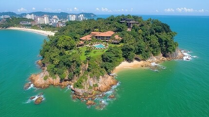 Fototapeta premium Tropical Island Resort Aerial View Luxury Getaway Beach Ocean Palm Trees Vacation
