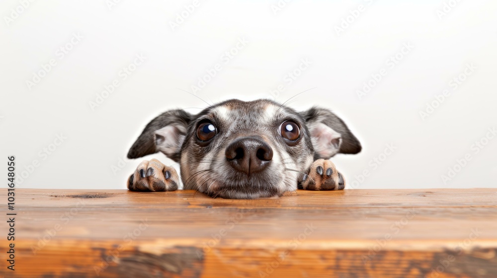 Wall mural A dog with big eyes looks up from a wooden table. AI.