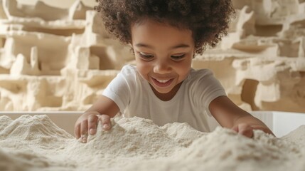 Fototapeta premium A joyful child playing with a sensory box filled with kinetic sand, molding and shaping it with tiny hands