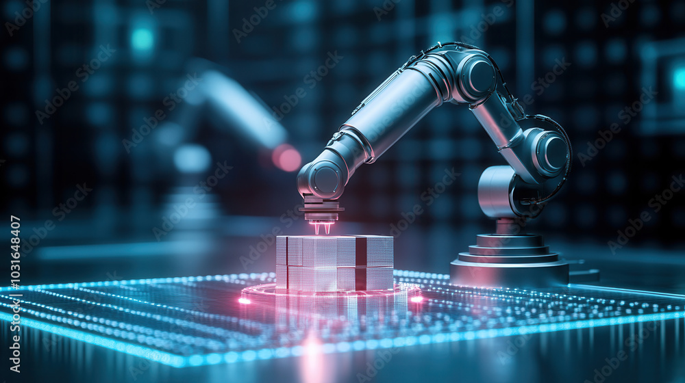 Poster robotic arms seamlessly sorting packages in futuristic environment, showcasing advanced technology a