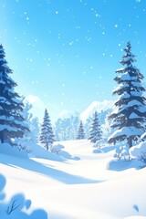 Fluffy snow blankets the ground and trees, creating a peaceful winter atmosphere. The clear blue sky complements the soft snowfall, enhancing the tranquil beauty of the winter scene