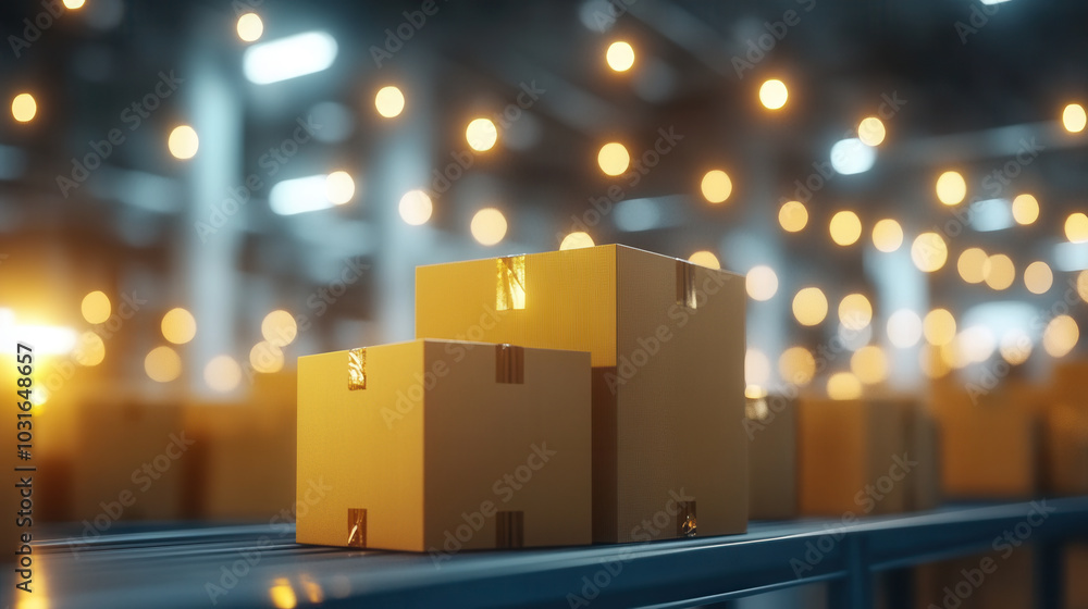 Poster neatly stacked boxes in modern warehouse create organized and efficient atmosphere, illuminated by s