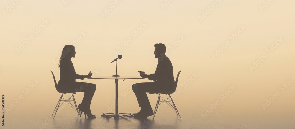 Aufkleber a minimalist interview scene, showing two people seated across from each other at a round table, wit