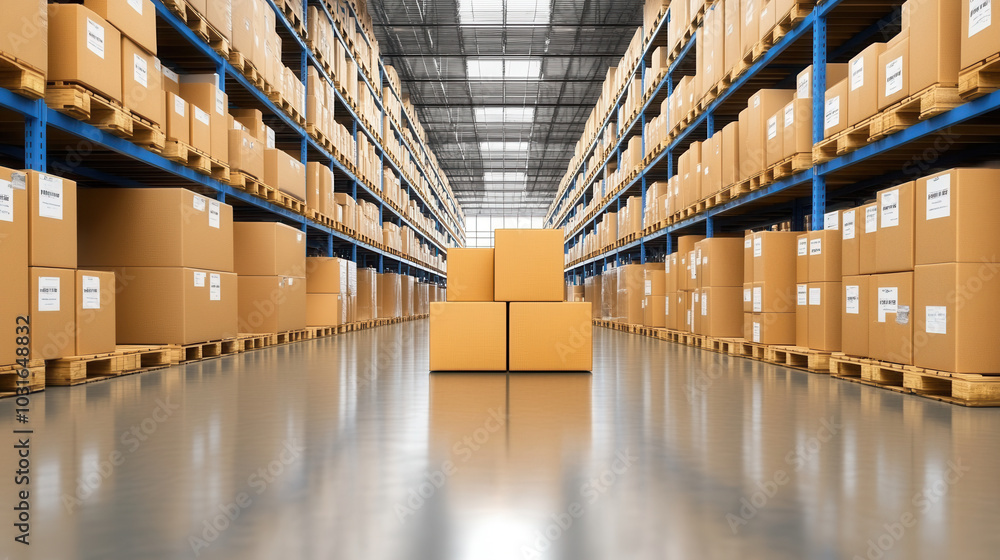 Poster neatly stacked boxes in modern warehouse create organized and efficient storage environment. spaciou
