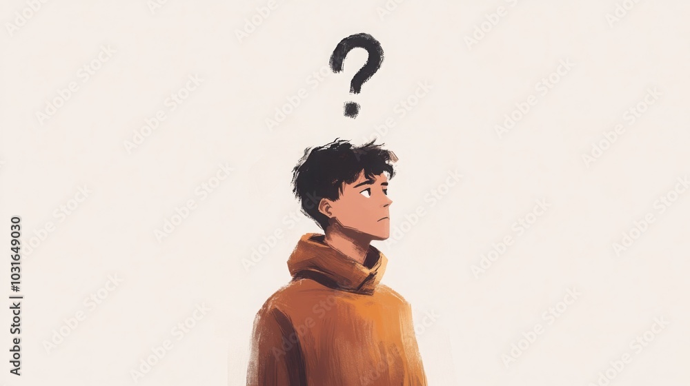 Poster thoughtful person staring off into the distance, with a single large question mark floating above th