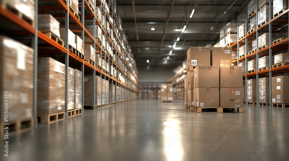 Poster efficient storage in modern warehouse filled with stacked pallets and boxes. organized layout showca