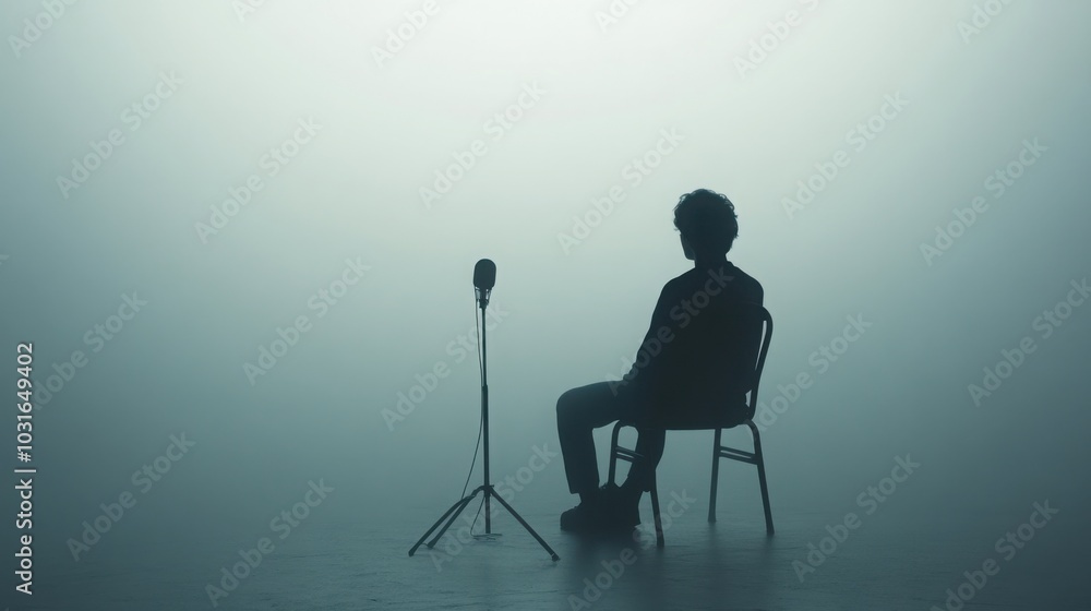 Poster a minimalist scene of an interview, featuring one person sitting in a chair with a microphone in the