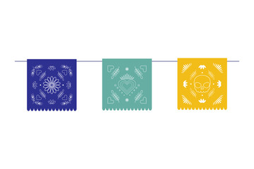 Vibrant papel picado banners in various colors featuring flowers, skulls and decorative patterns