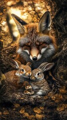 Obraz premium A fox watches over two rabbits in a warm, natural setting, emphasizing wildlife harmony.
