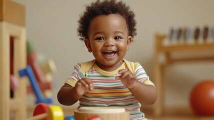 A smiling toddler engaging with musical sensory toys, tapping on drums and bells