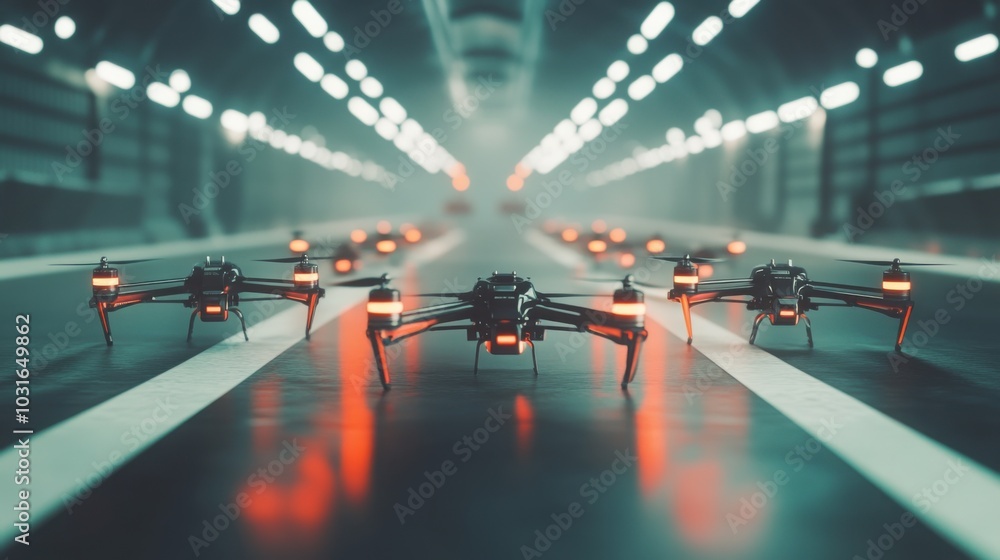 Poster a thrilling scene of multiple drones lined up at the start of a drone race, ready for takeoff