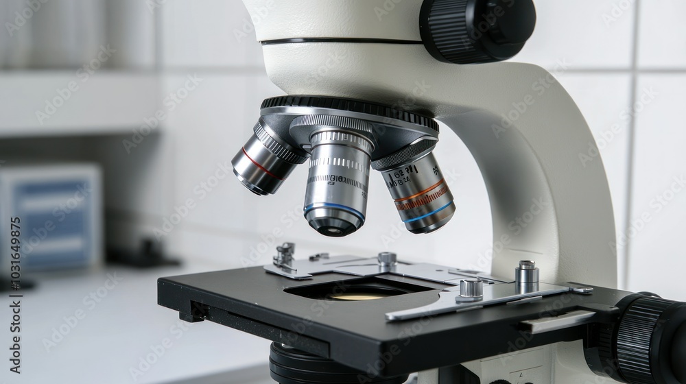 Poster Close-up of a Microscope with Multiple Lenses