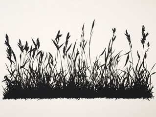 2408 47.A black silhouette of lush, wild grass forming a horizontal border across a white background. The grass is depicted with intricate detail, showing various lengths and textures, creating a